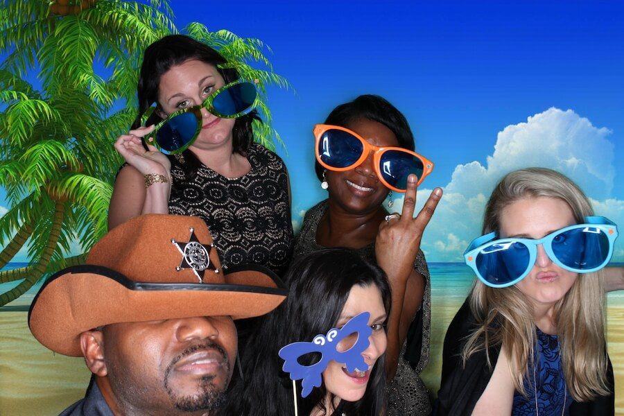 Group Taking Picture Infront of Beach Print Backdrop